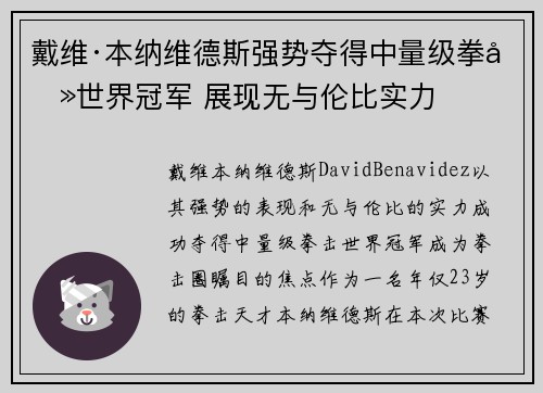戴维·本纳维德斯强势夺得中量级拳击世界冠军 展现无与伦比实力 戴维·本纳维德斯强势夺得中量级拳击世界冠军 展现无与伦比实力