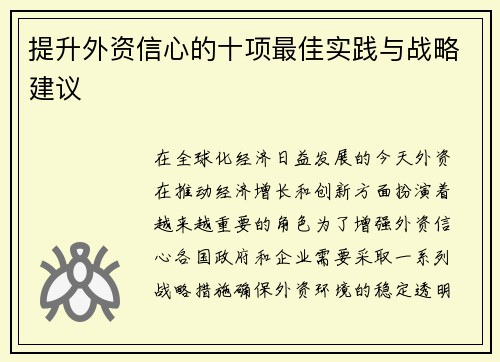 提升外资信心的十项最佳实践与战略建议 提升外资信心的十项最佳实践与战略建议
