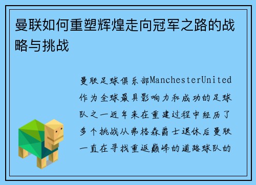 曼联如何重塑辉煌走向冠军之路的战略与挑战 曼联如何重塑辉煌走向冠军之路的战略与挑战