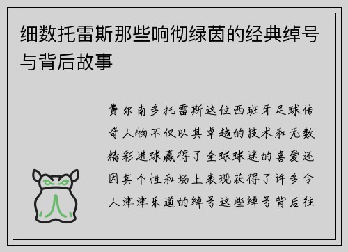 细数托雷斯那些响彻绿茵的经典绰号与背后故事 细数托雷斯那些响彻绿茵的经典绰号与背后故事