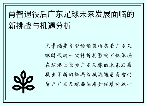 肖智退役后广东足球未来发展面临的新挑战与机遇分析
