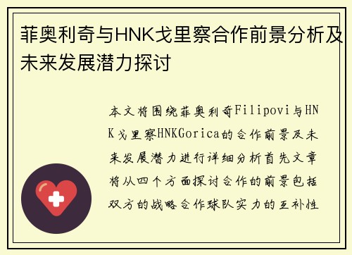 菲奥利奇与HNK戈里察合作前景分析及未来发展潜力探讨